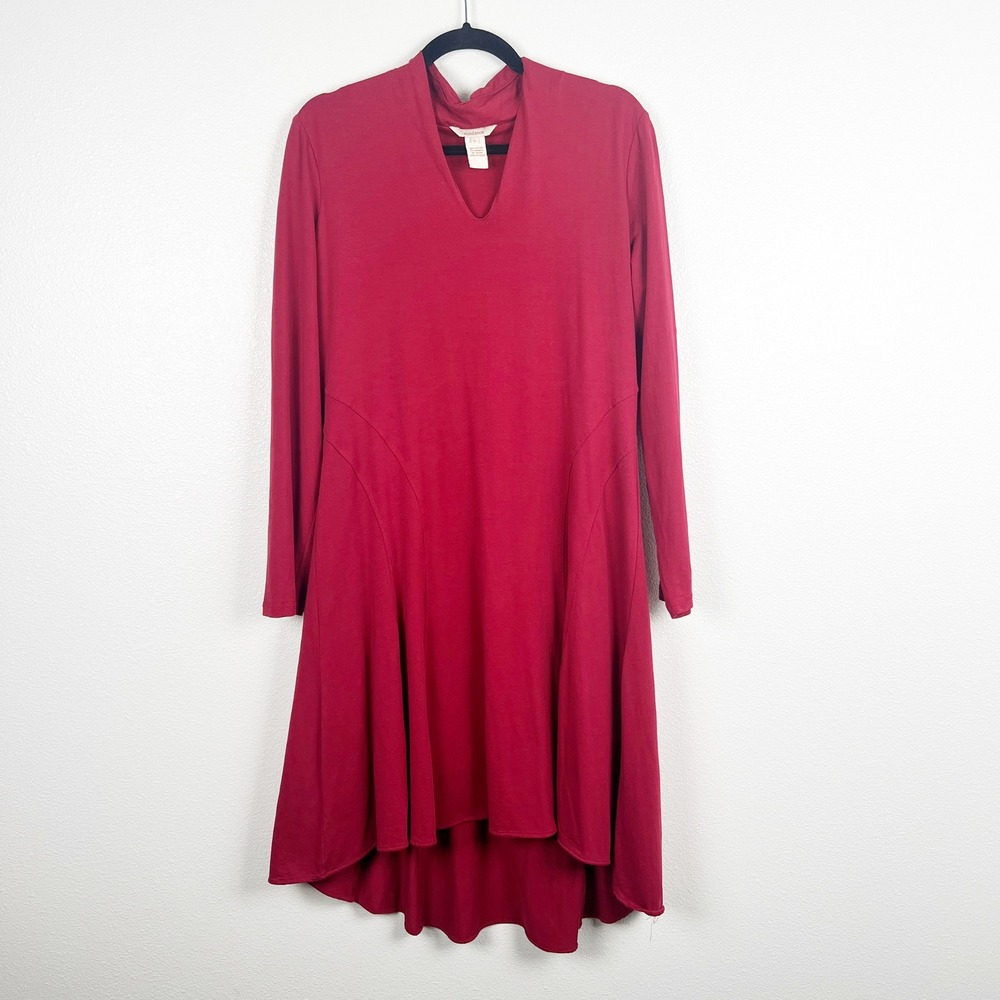Sundance Women Red Jersey‎ Knit Long Sleeve V-Neck High Low Midi A-Line Dress L